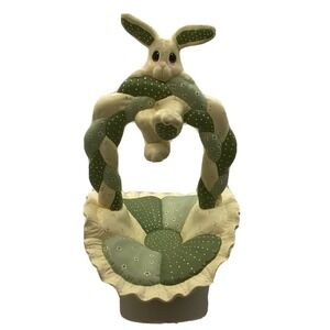 Vintage Ceramic Easter Basket Bunny Rabbit Patchwork Quilt Green Cream 9.5"